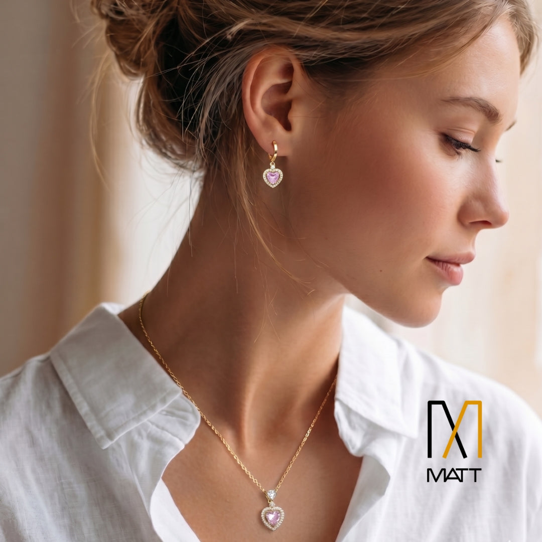 SET PREMIUM CORAZÓN DE ROSAS CADENA Y ARITOS